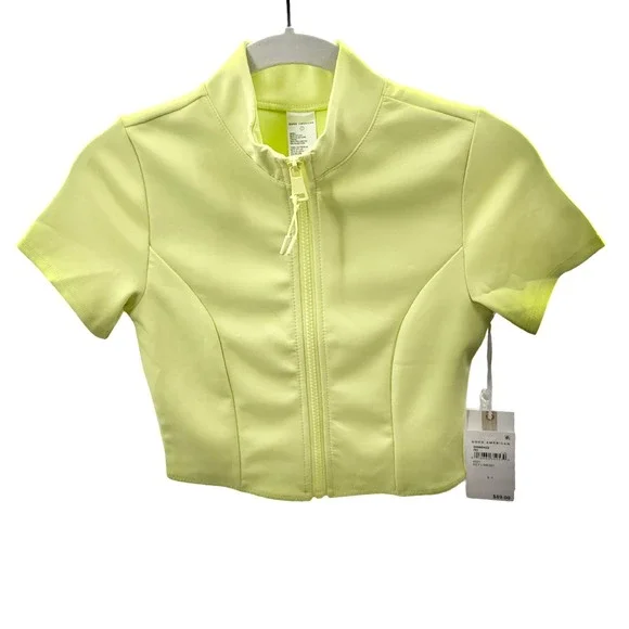 Good American Lime Green Zip Front Crop Top Short Sleeve Size 1 Small  NWT - Picture 2 of 6